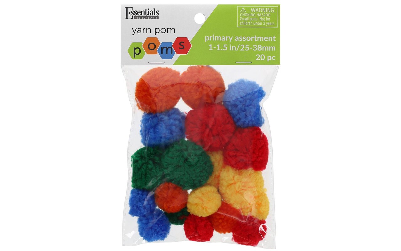Essentials by Leisure Arts Yarn Pom Poms - Assorted Primary - 1" to 1.5" - 20 piece pom poms arts and crafts - gray pompoms for crafts - craft pom poms - puff balls for crafts